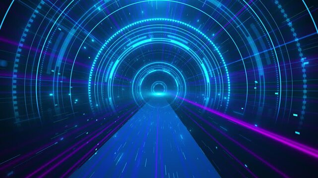 Electric rings light streaks race round digital tunnel, high speed motion. 19 intros, gaming transitions, cyber security media, virtual reality, artificial intelligence, digital logo reveal.