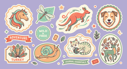 Obraz premium Hand-drawn vector sticker set with horse, kangaroo, dog, cat, and deer animals in pastel colors on lavender background for planner journaling, scrapbooking, and digital crafts.