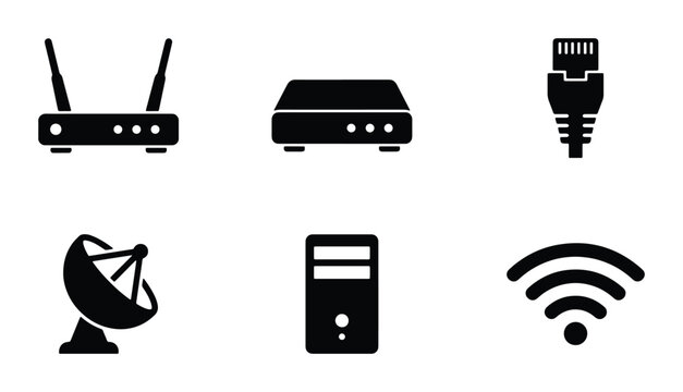 Network Router, Server, Wi-Fi, Satellite Dish, Modem, Ethernet Cable Icons Set: Technology & Connectivity