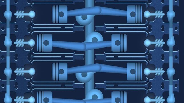 Slow Pan Down an Endless Engine Cutaway With Pistons, Connecting Rods and a Turning Crankshaft, Seamless Loop in deep blueprint tones