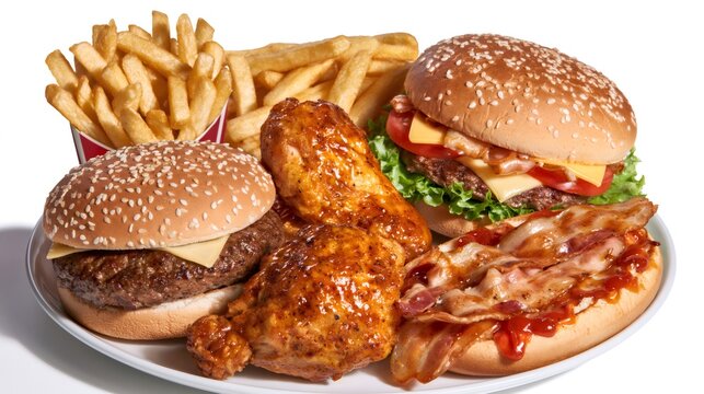 Unhealthy fast food meal with burgers, fries, and fried chicken