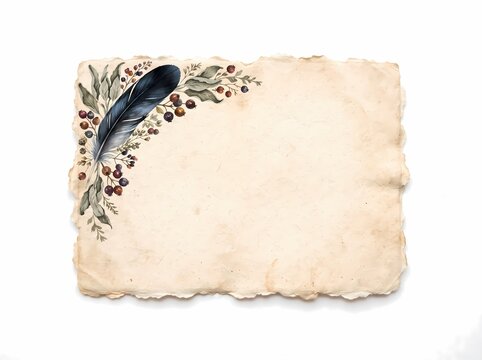A vintage parchment scroll adorned with a detailed raven feather and delicate foliage, perfect for historical documents or artistic creations