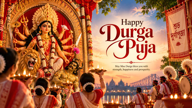 People celebrating durga puja festival with traditional goddess idol and lamps