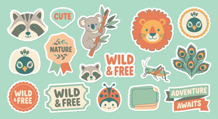 Fototapeta premium Adorable vector sticker pack collection featuring cute hand-drawn animals like lion, koala, raccoon, peacock, and ladybug with decorative badges, labels, and typography on mint background.