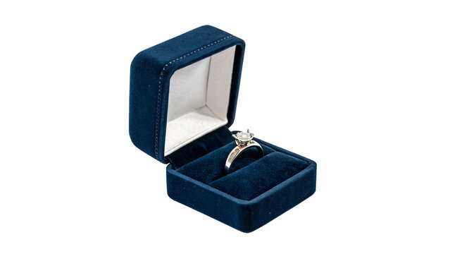 Opened luxury dark blue velvet wedding ring gift box isolated on transparent background.