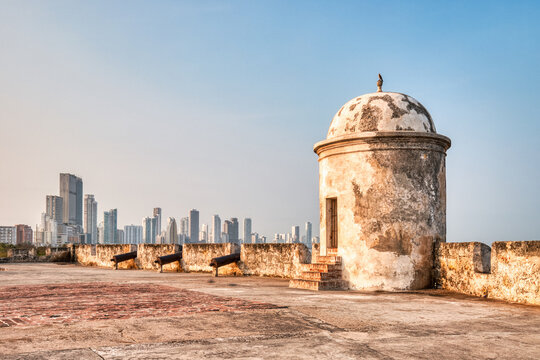 Cartagena De Indias Old Fortress Walls Contrasted with Modern Bocagrande Skyline, Colombia