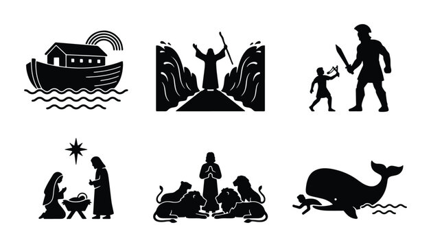 Biblical Stories Vector Icons Set: Noah's Ark, Moses, David, Nativity, Daniel, Jonah, Religious Symbols