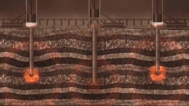 Pile driver cutaway with hammer above and radiating compression waves compacting soil layers below ground in subtle clay tones