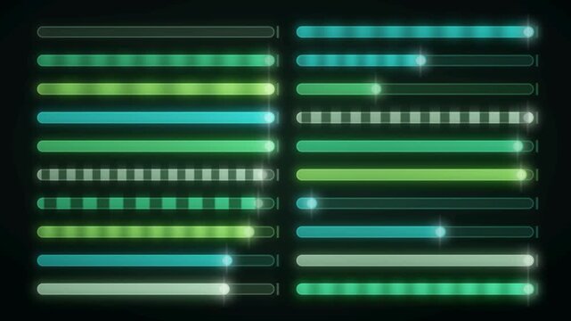 Glowing UI Progress Bars Filling in Staggered Rows Seamless Loop in calm lime tones
