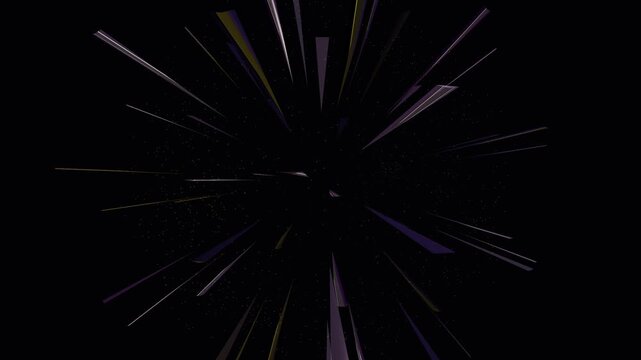 Abstract motion graphics animation featuring purple and gold light rays radiating from a central point against a black background with starry particles, evoking space travel and warp speed.