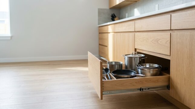 Modern accessible kitchen with pull out storage drawer. Lower cabinet organization with pots and pans for easy reach