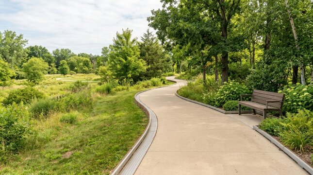 Accessible paved park pathway with gentle slope and safety edges. Universal design walking trail in green summer landscape