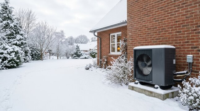 Air source heat pump installed outside a brick house in winter. Residential heating system surrounded by a snow covered landscape