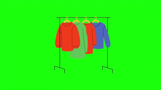 Colorful clothes hanging on clothing rack 2d vector illustration isolated on green screen.