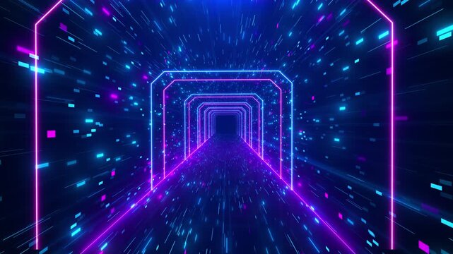Cyan magenta frames glow blocks race high speed digital tunnel. gaming intros, virtual reality, metaverse promos, esports streams, technology launches, music title sequences futuristic transitions.