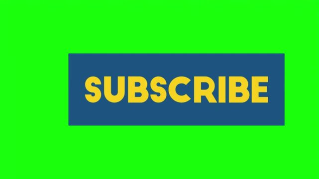 Blue subscribe text on yellow rectangle button isolated on green screen background.