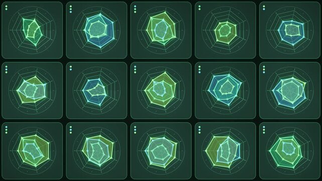 Radar Chart Dashboard Pulse Seamless Loop Abstract Data Analytics Visualization Background in bright emerald tones