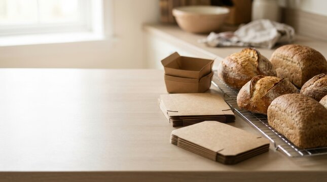 Freshly baked artisan sourdough bread loaves and paper packaging boxes on wooden counter. Home bakery small business preparation with copy space
