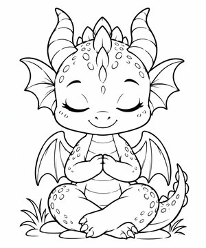 Cute little baby dragon sitting and meditating in a calm pose for coloring page