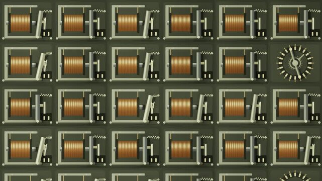 Electromagnetic Relay Bank With Snapping Armatures and Stepping Selectors, Seamless Loop in deep olive tones