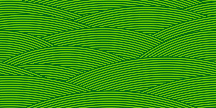 Agriculture arable wavy farm field seamless pattern of green arable farmland background. Wavy farm pattern of plantation bg with green wave lines of grass or rice field hills and grassland plants