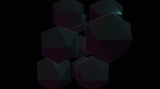 Abstract 3D Geometric Polyhedrons Rotating in Dark Space with Subtle Pink and Blue Neon Glows, High-End Minimalist Motion Graphic for Technology, Data Visualization and Futuristic Backgrounds