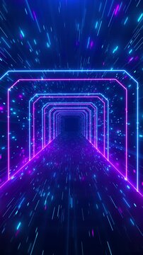 Neon frames form fast moving portal particles streaking toward, game trailers, music, concert screens, software launches, artificial intelligence, virtual worlds, logo reveals, sci fi transitions.