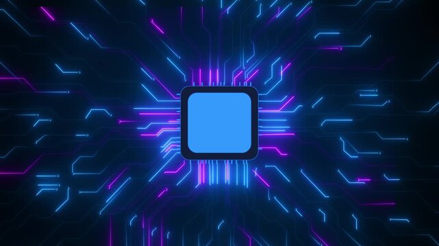 Blue circuit traces radiate processor chip board. artificial intelligence, semiconductors data security, machine learning, electronics, robotics, cloud systems, innovation business presentations. 3D