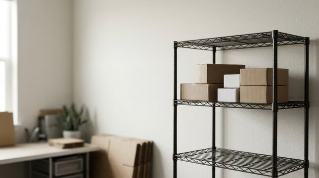 Nearly empty wire inventory shelf with few cardboard boxes. Low stock and supply chain shortage concept for small business
