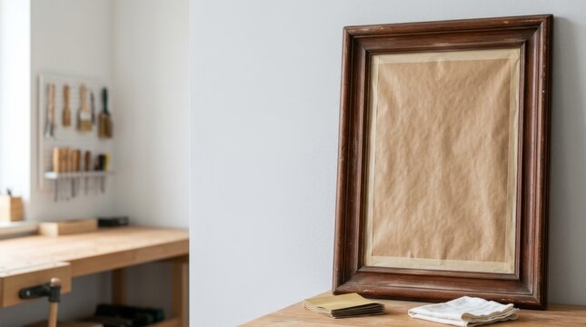 Vintage wooden frame prepared for restoration on a workbench. Antique dark wood masked with paper and tape next to sandpaper. DIY refinishing project with copy space