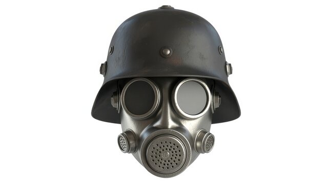Antique military gas mask with steel stahlhelm helmet isolated on white background