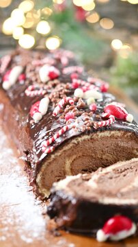 Close-up video of a traditional Christmas yule log cake with chocolate coating and festive decoration, presented as a seasonal holiday dessert.