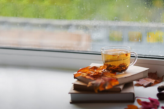 Cozy autumn still life with hot tea, books and fall leaves by rainy window