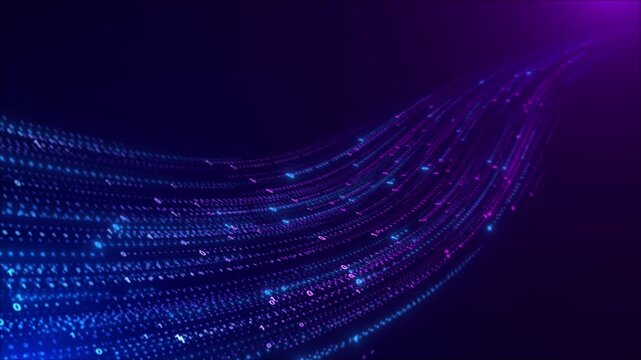 Glowing blue magenta binary digits flowing data wave over copy space. artificial intelligence, coding, cybersecurity, analytics, cloud computing, fintech, software launches 19 presentations.