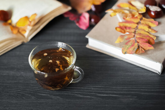 Cozy seasonal still life with hot tea, books and natural autumn decor