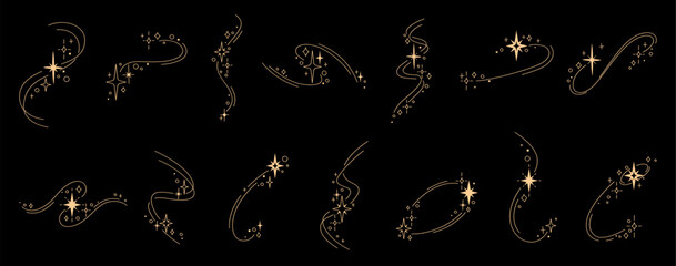 Obraz premium Golden star sparkles and twinkling bursts trace, swirling magic celestial shimmer glow. Starburst flash icons, gold glint and wink effect. Night sky light and shooting star symbols and silhouettes