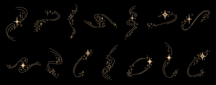Golden star sparkles and twinkling bursts trace, swirling magic celestial shimmer glow. Starburst flash icons, gold glint and wink effect. Night sky light and shooting star symbols and silhouettes