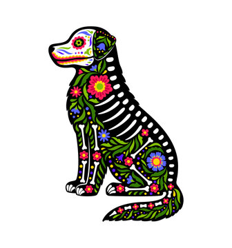 Dog animal skeleton tattoo for Mexican Day of the Dead with sugar skull of alebrije. Mexican Dia de los Muertos holiday animal tattoo of puppy dog with ethnic flowers and bones ornament of Mexico art