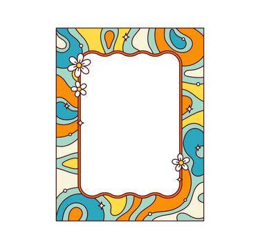 Groovy retro psychedelic color wavy frame and cartoon hippie y2k border with daisies, sparkling stars and bright squiggly pattern. Pastel photoframe background with nostalgic trippy pop art comic vibe
