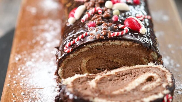 Close-up video of a traditional Christmas yule log cake slowly rotating to showcase its chocolate coating, festive decoration and detailed texture.