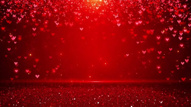 Red Hearts fall glowing crimson scene glitter floor copy space. Valentine's Day promotions, romantic greetings, wedding edits, dating campaigns, anniversary messages, gift advertising social media.