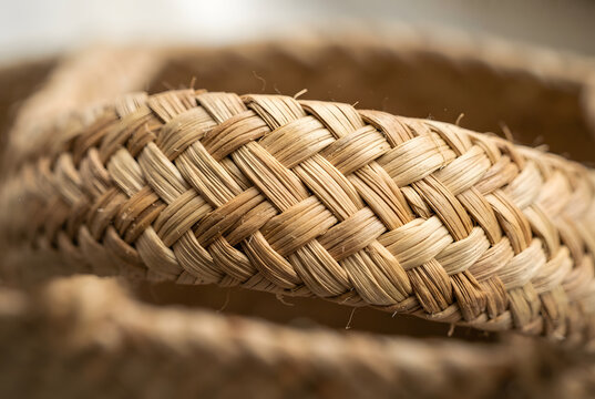 &bull;	Macro texture of tightly woven natural reed fibers on a traditional bag strap