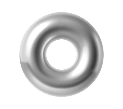 3D silver torus shape of chrome metal, donut ring or ball with hole icon. 3D silver steel circle bead object of metallic glossy fluid iron or platinum, realistic element design of lead or aluminum,