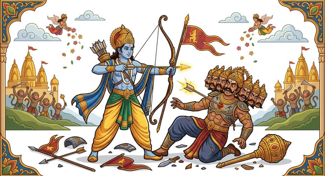 Epic battle scene of blue deity shooting arrow at multi-headed demon