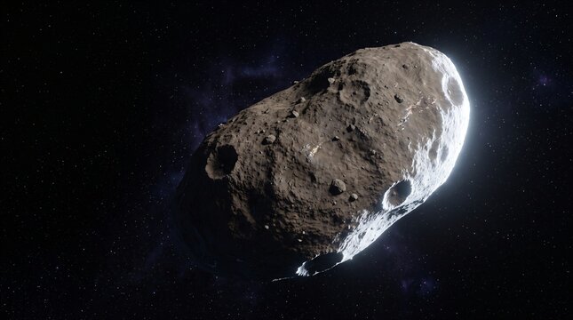 Cinematic side angle of asteroid in deep space with rocky surface texture and soft glowing rim light from distant sun for space mining visual detailed