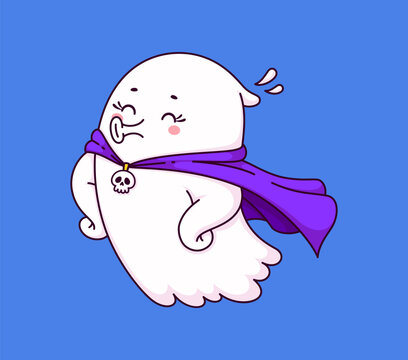 Cartoon Halloween kawaii ghost superhero character flying confidently with flowing purple cape and skull pendant. Isolated spook phantom comic defender personage for children festive seasonal stickers