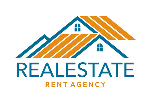 Apartment and real estate agency, residence building construction icon featuring overlapping house roofs, windows and bold typography. Emblem for professional rental and property services or agents