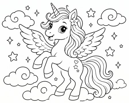 Cute unicorn coloring page illustration with stars and fluffy clouds