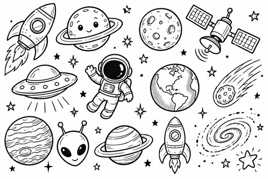 Hand drawn space doodle set with astronaut planets rocket and stars