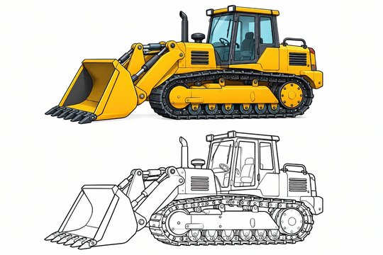 Yellow bulldozer construction vehicle and its line art sketch
